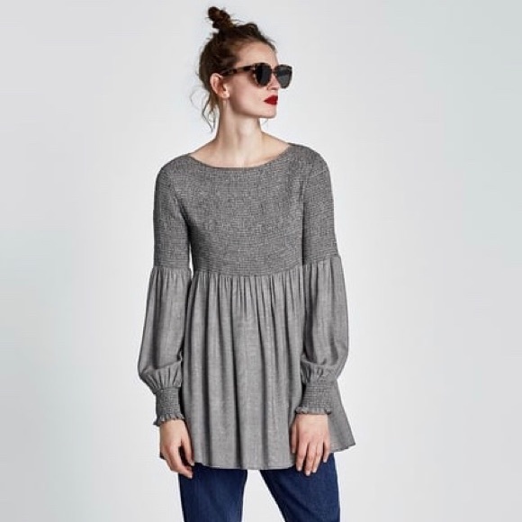 Zara Tops - NWT Zara Smocked Glenn Check Peplum Blouse Sz M